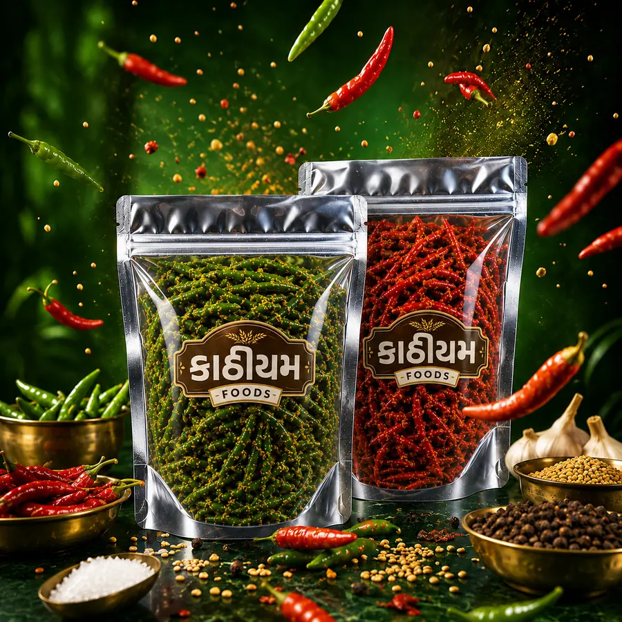 Kathiyum Foods green and red chilli packs